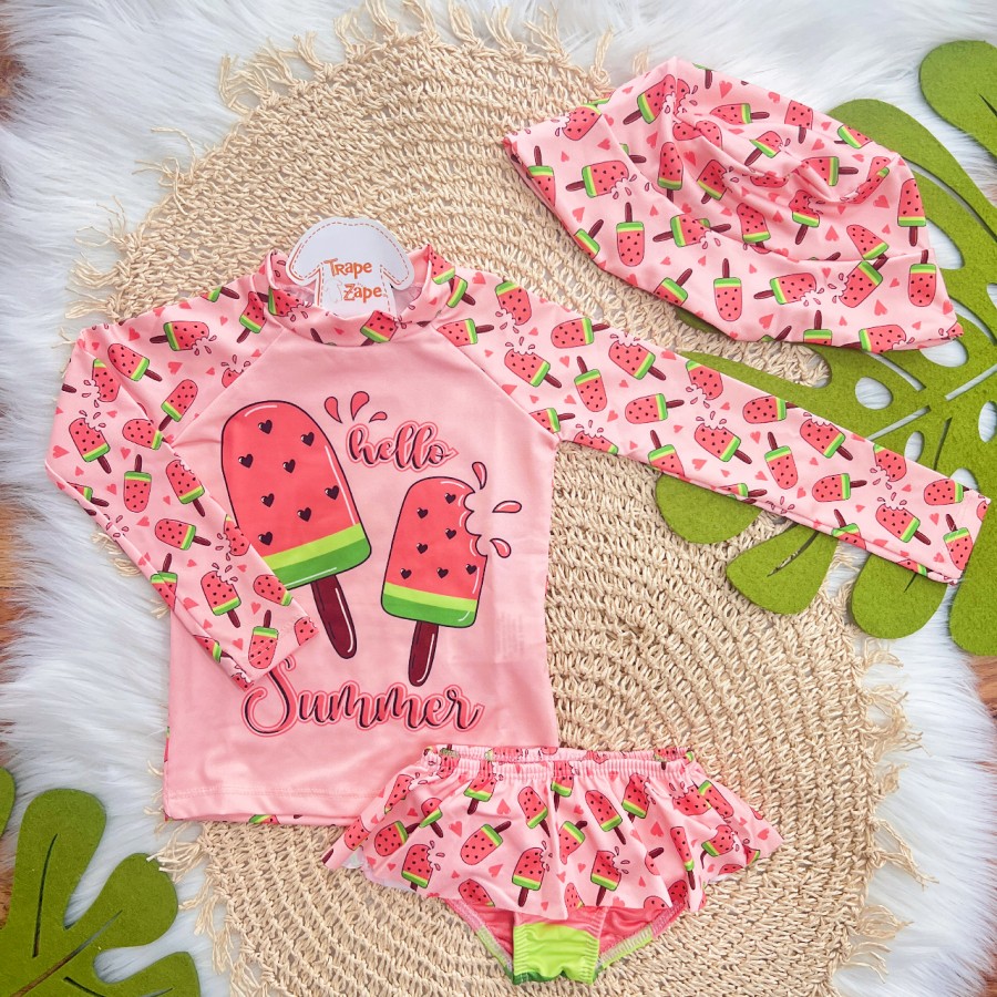 Linha Praia - Blusa com Proteção UV50+, Bucket e Calcinha - Hello Summer - Rosa